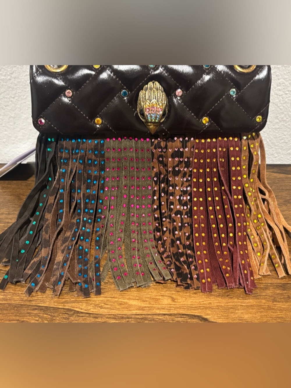 Kurt Geiger Mini Kensington Leather Fringe Crossbody Bag with Multicolor Studs - Picture 3 of 15